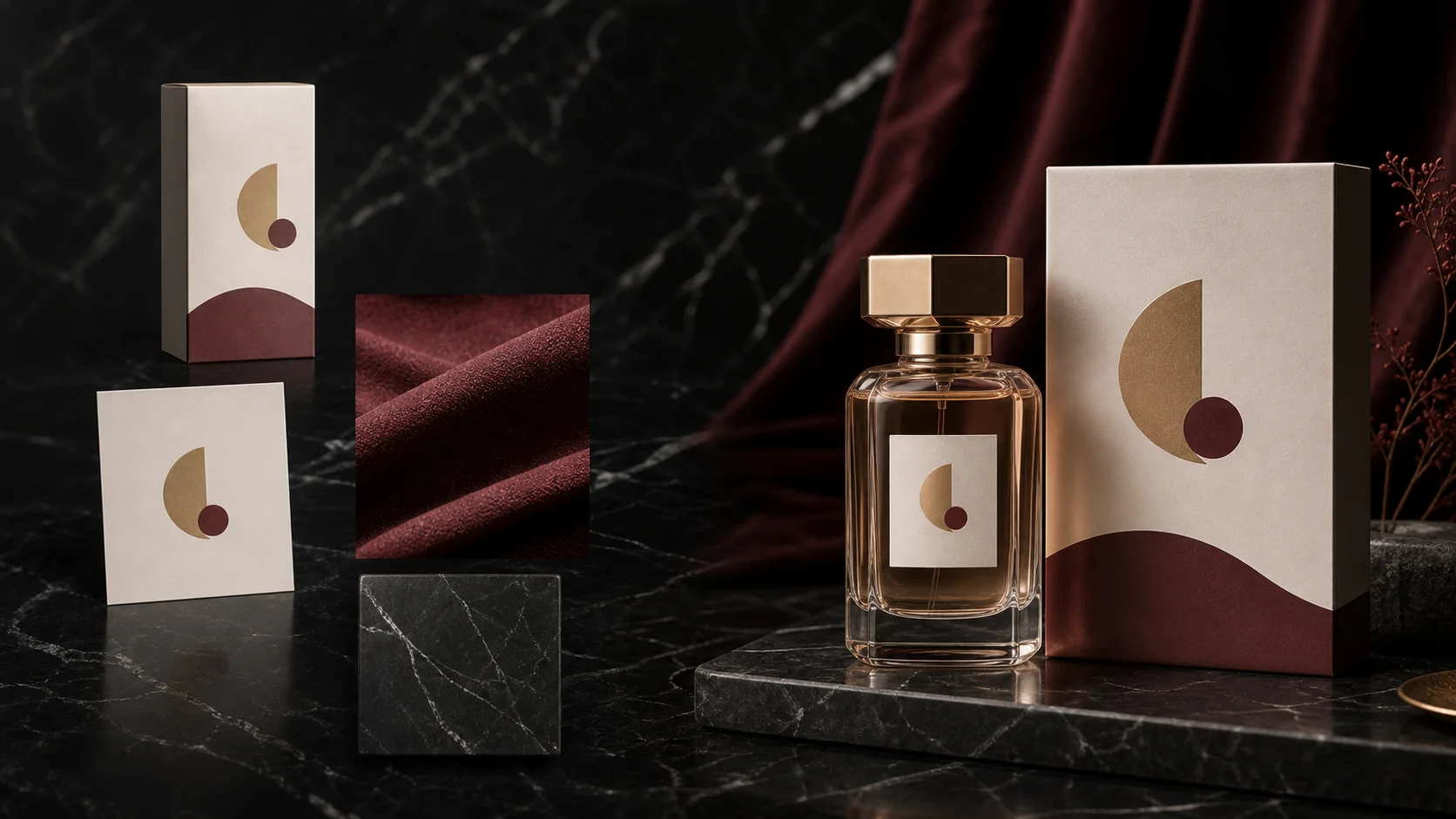 Multi image edit example with product packaging, logo card, fabric, and final ad composition