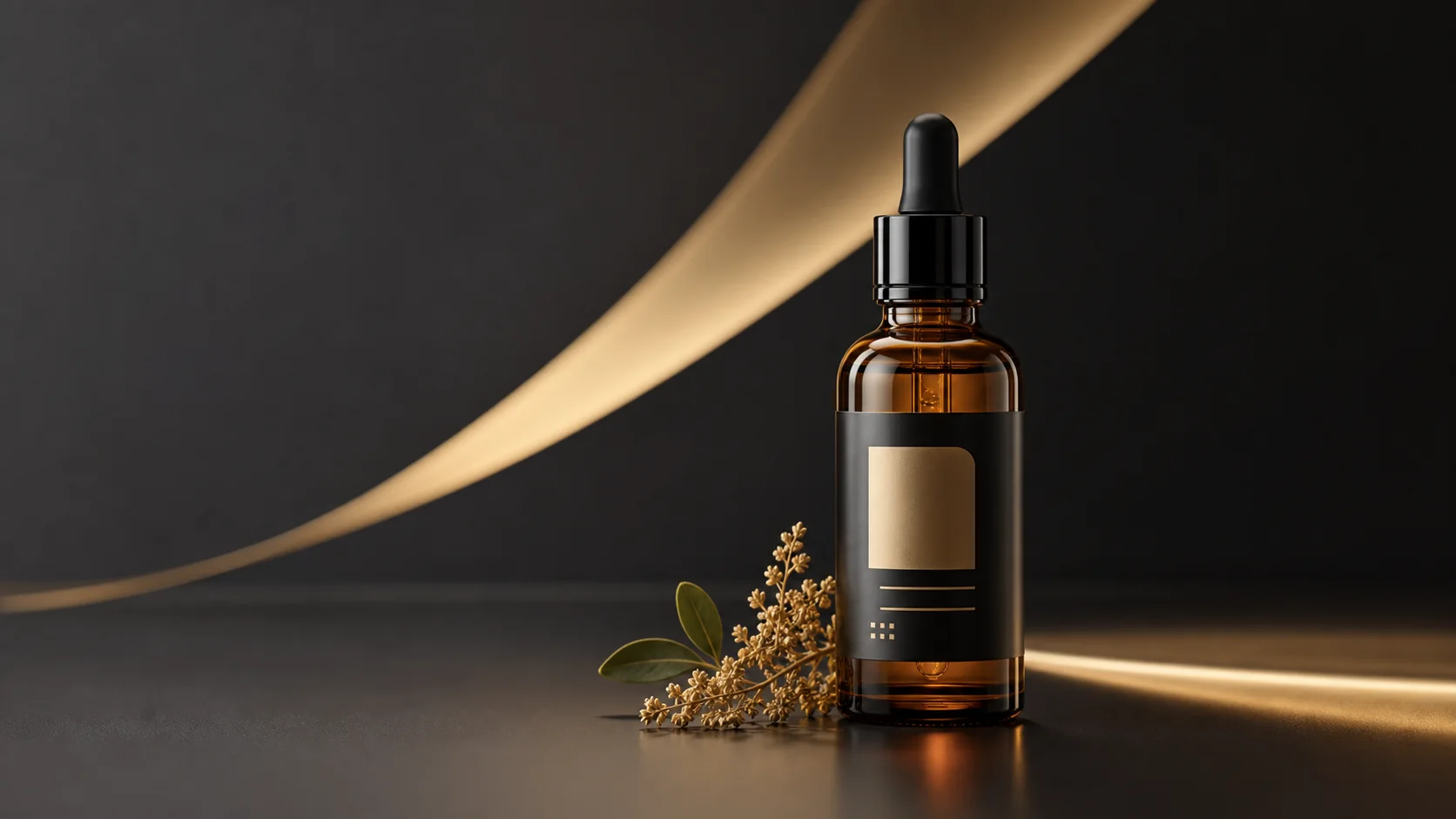Product advertising still with serum bottle and gold highlight sweep