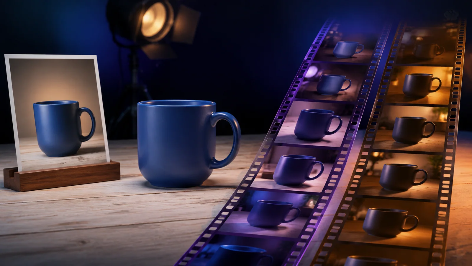 Editorial comparison illustration: one blue mug source image and two equally presented filmstrips