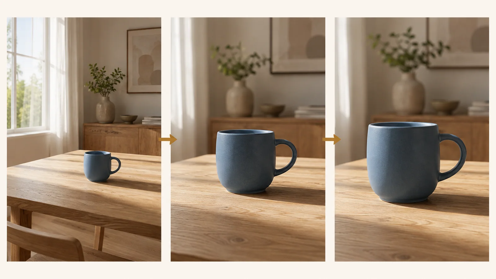 AI-generated storyboard showing three progressively closer views of the same mug